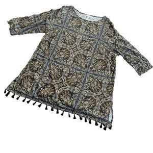 J. JILL PAISLEY PRINT FRINGED TASSLE BOTTOM BROWN AND BLACK TUNIC TOP, SZ: 3X